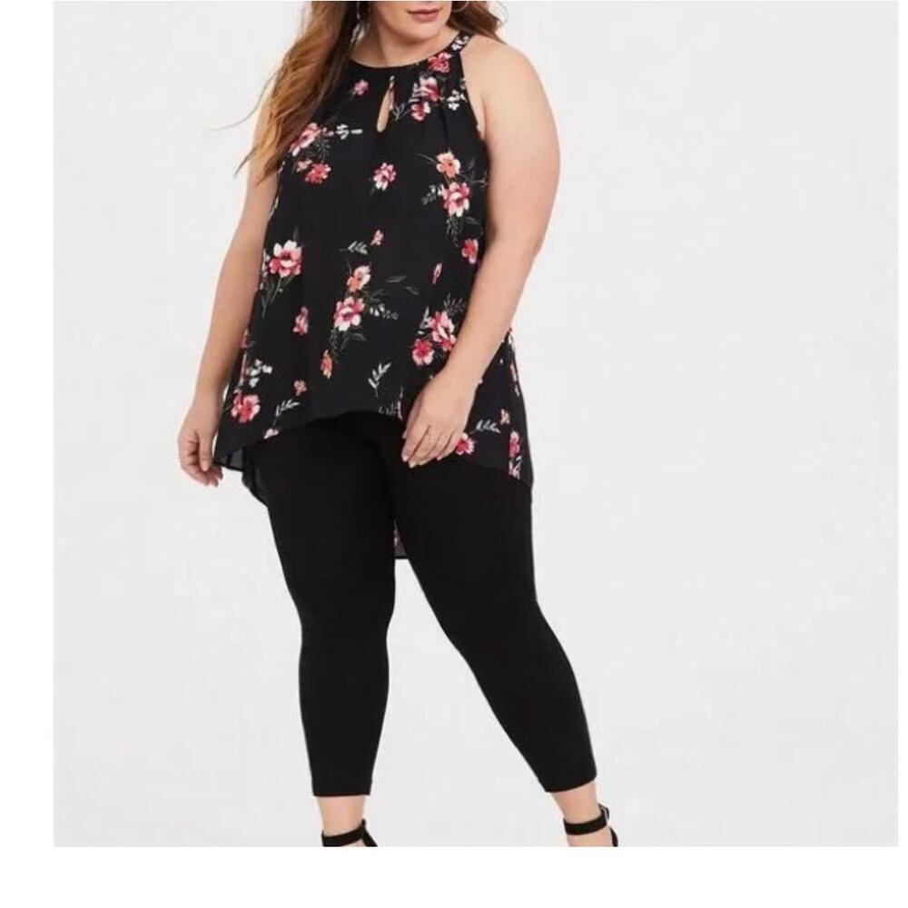 Torrid Floral Black Halter Tank Top Size 4X Hi-Low Tunic Sleeveless Blouse